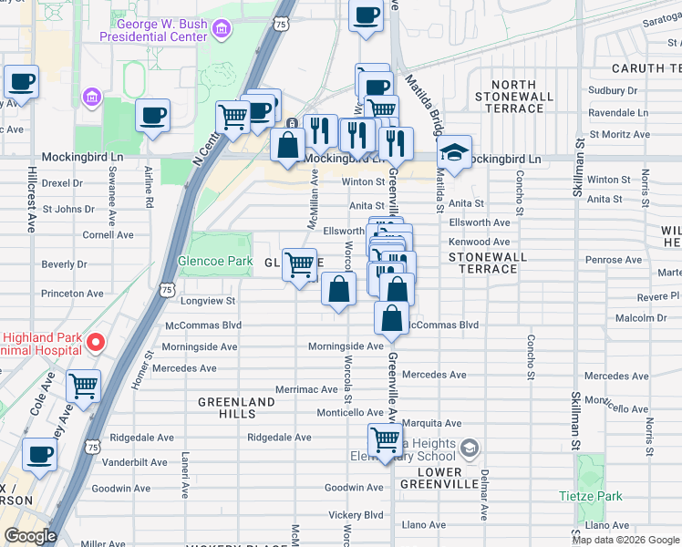 map of restaurants, bars, coffee shops, grocery stores, and more near 5555 Martel Avenue in Dallas