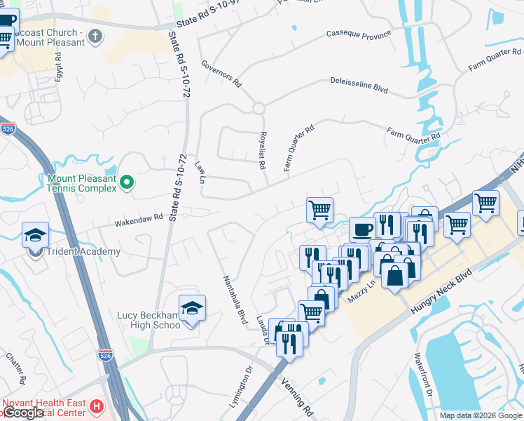 map of restaurants, bars, coffee shops, grocery stores, and more near 855 Springwood Circle in Mount Pleasant