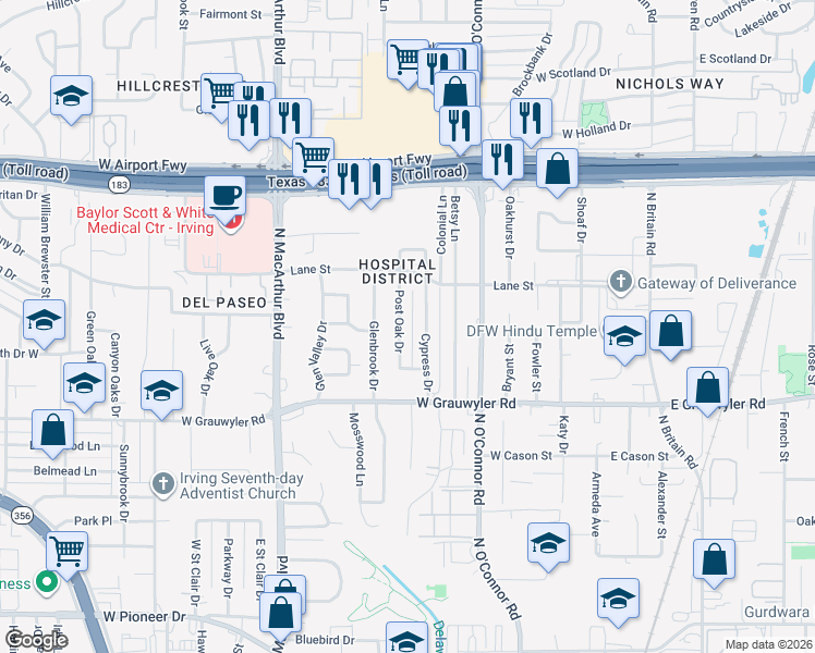 map of restaurants, bars, coffee shops, grocery stores, and more near 1702 Post Oak Drive in Irving