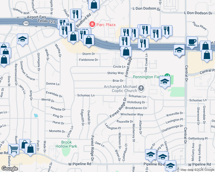 map of restaurants, bars, coffee shops, grocery stores, and more near 1525 Donna Lane in Bedford