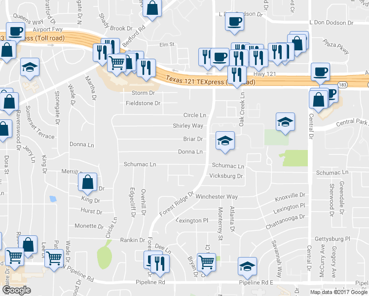 map of restaurants, bars, coffee shops, grocery stores, and more near 1525 Donna Lane in Bedford
