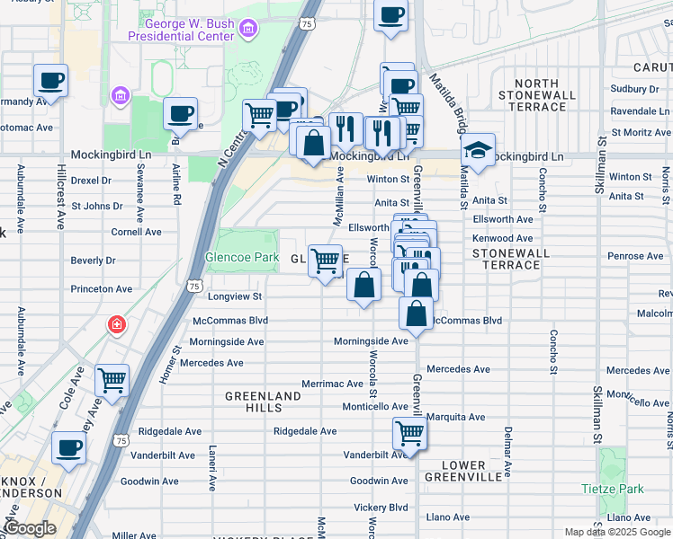 map of restaurants, bars, coffee shops, grocery stores, and more near 5515 Martel Avenue in Dallas