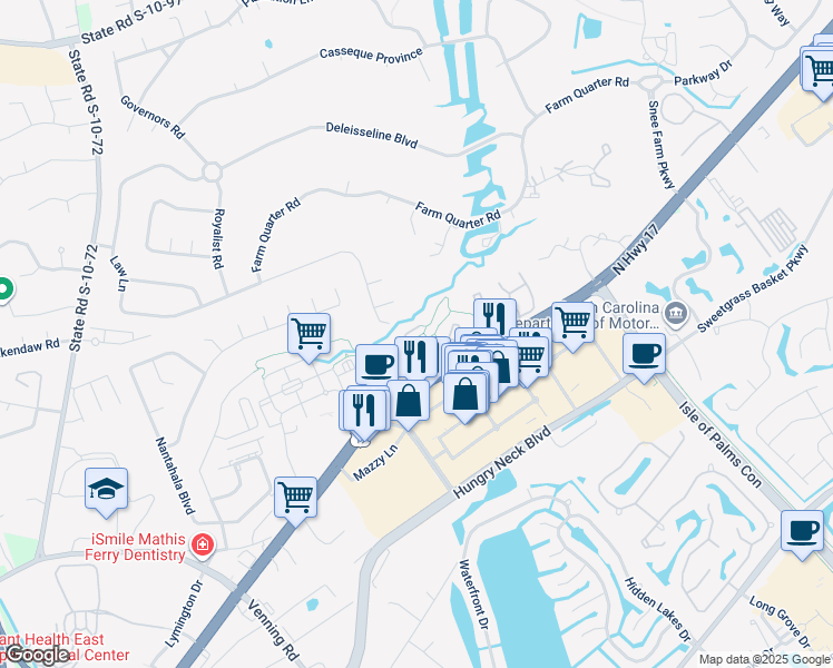 map of restaurants, bars, coffee shops, grocery stores, and more near 1725 Villa Maison in Mount Pleasant