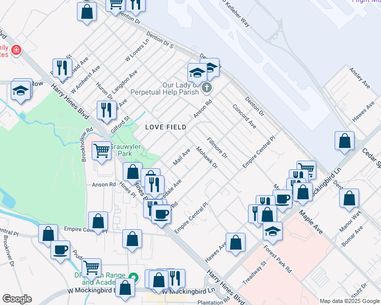 map of restaurants, bars, coffee shops, grocery stores, and more near 2252 Mail Avenue in Dallas