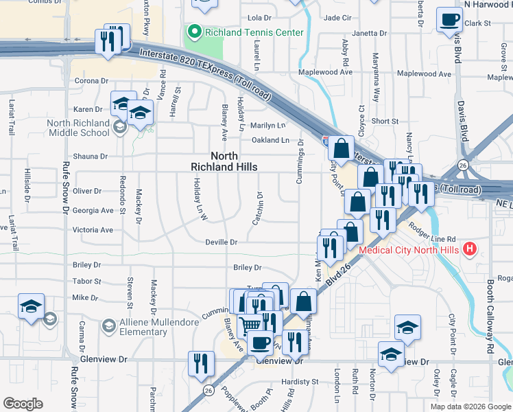 map of restaurants, bars, coffee shops, grocery stores, and more near 4701 Catchin Drive in Fort Worth
