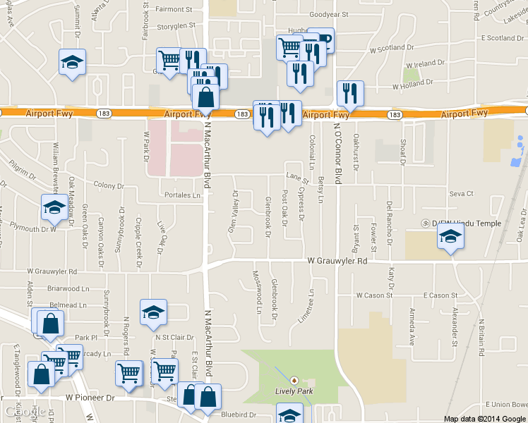 map of restaurants, bars, coffee shops, grocery stores, and more near 1701 Glenbrook Dr in Irving