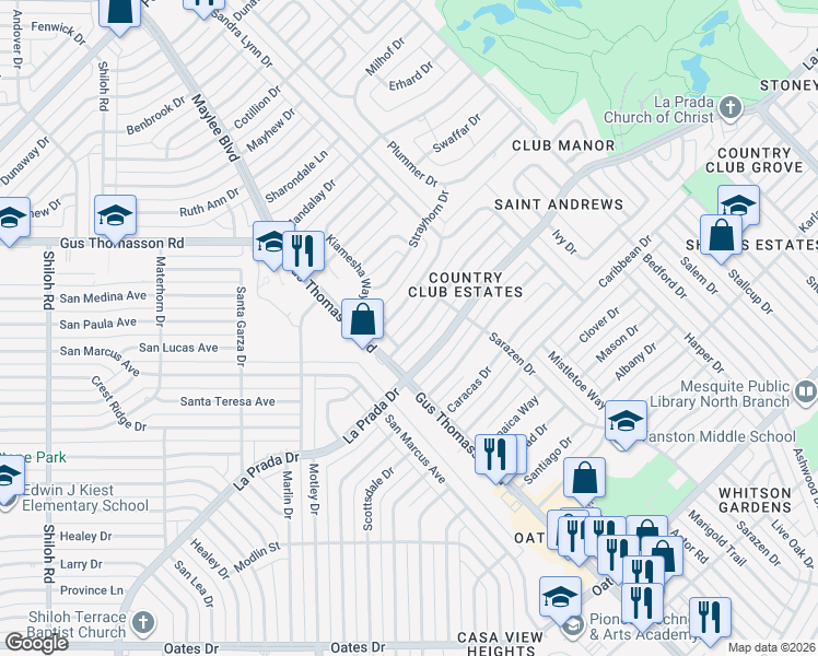 map of restaurants, bars, coffee shops, grocery stores, and more near 3629 Demaret Drive in Mesquite
