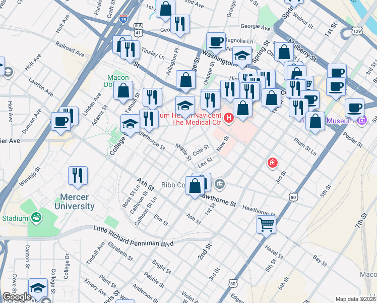 map of restaurants, bars, coffee shops, grocery stores, and more near 975 Maple Street in Macon