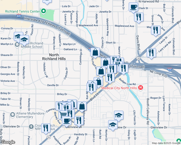 map of restaurants, bars, coffee shops, grocery stores, and more near 4332 Ken Michael Court in Fort Worth