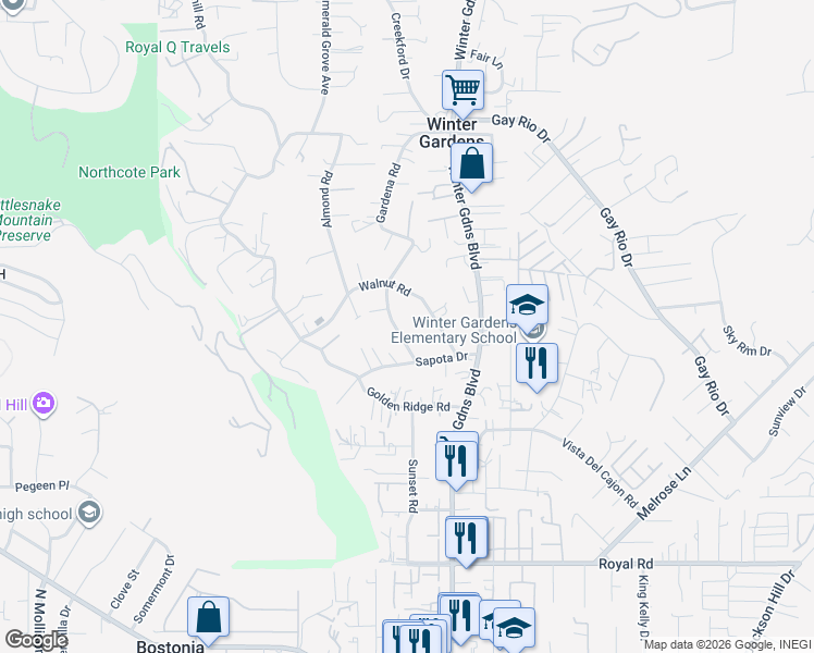 map of restaurants, bars, coffee shops, grocery stores, and more near 8539 Gardena Road in Lakeside