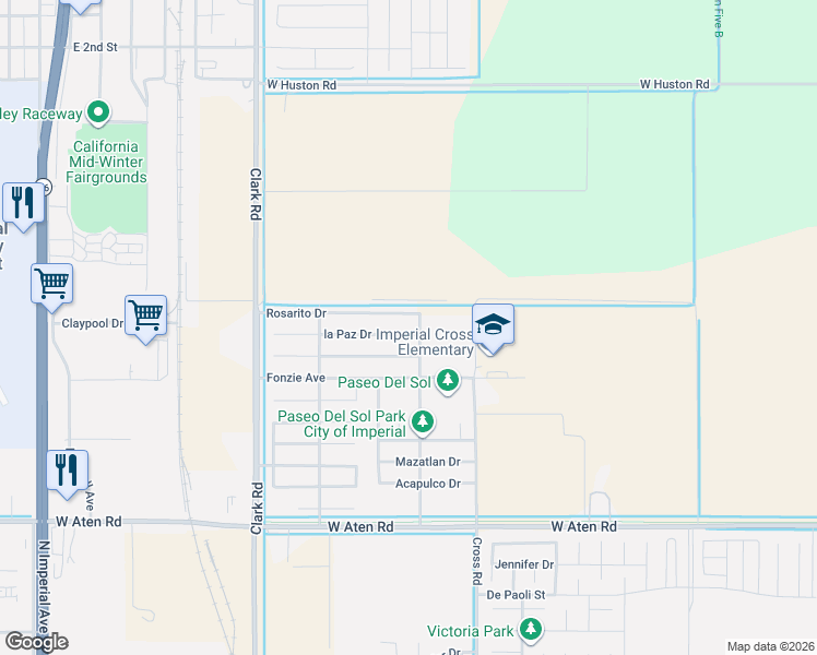 map of restaurants, bars, coffee shops, grocery stores, and more near 222 La Paz Drive in Imperial