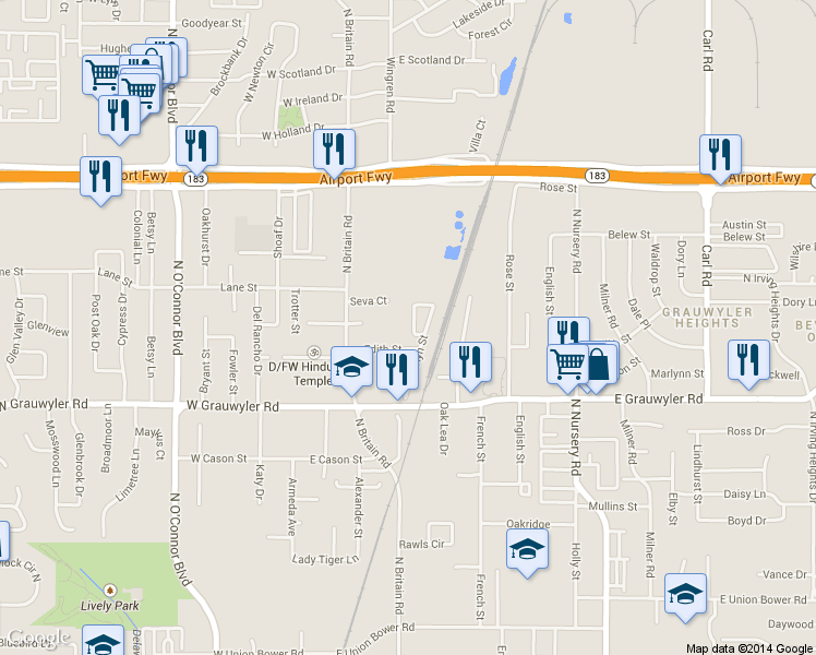 map of restaurants, bars, coffee shops, grocery stores, and more near 1713 Beverly Street in Irving
