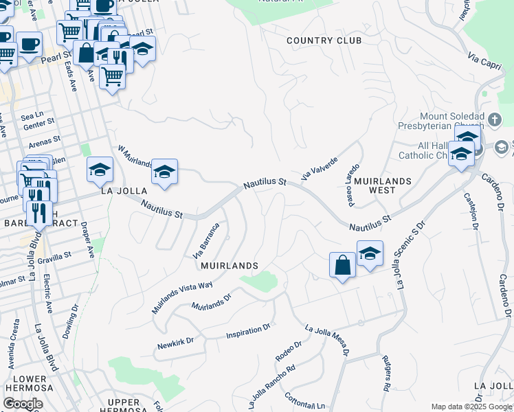 map of restaurants, bars, coffee shops, grocery stores, and more near 6720 Muirlands Drive in San Diego