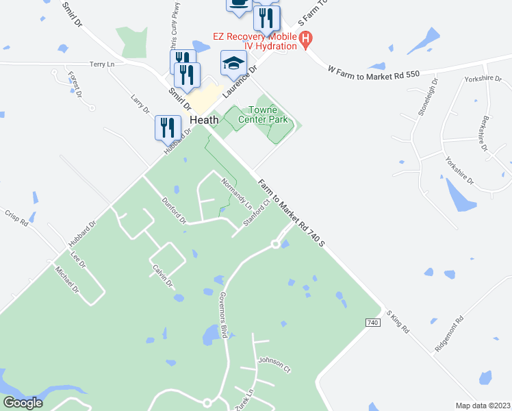 map of restaurants, bars, coffee shops, grocery stores, and more near 205 Stanford Court in Heath