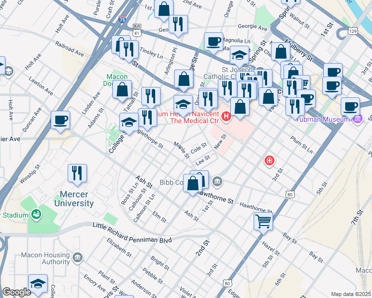 map of restaurants, bars, coffee shops, grocery stores, and more near 975 Maple Street in Macon
