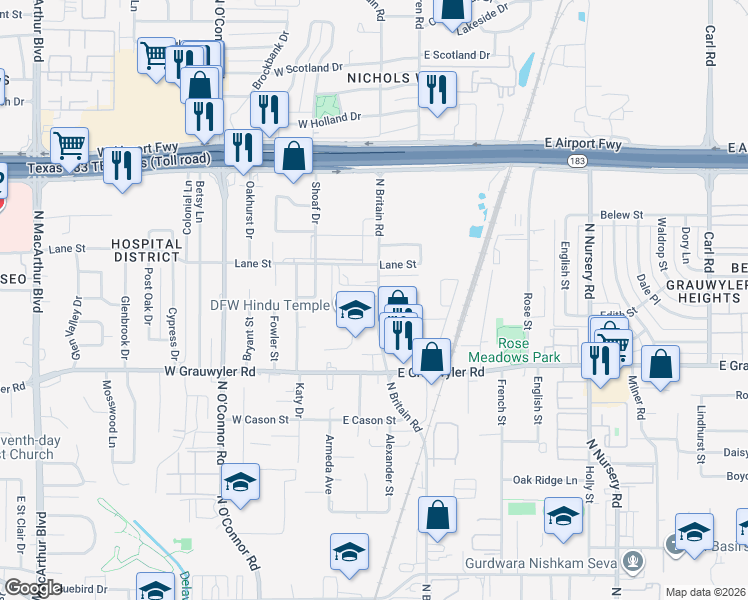 map of restaurants, bars, coffee shops, grocery stores, and more near 148 North Britain Road in Irving