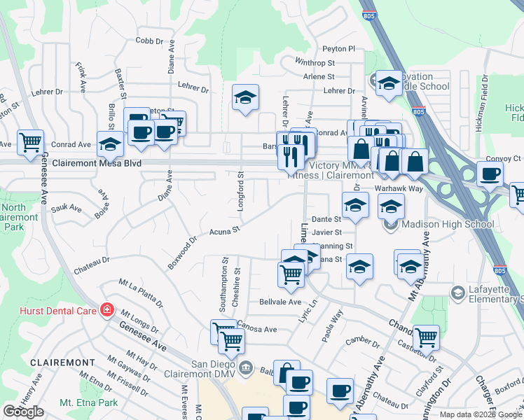 map of restaurants, bars, coffee shops, grocery stores, and more near 5072 Acuna Street in San Diego