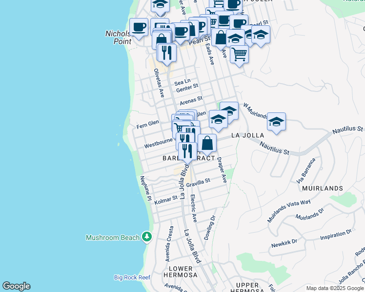 map of restaurants, bars, coffee shops, grocery stores, and more near 470 Nautilus Street in San Diego
