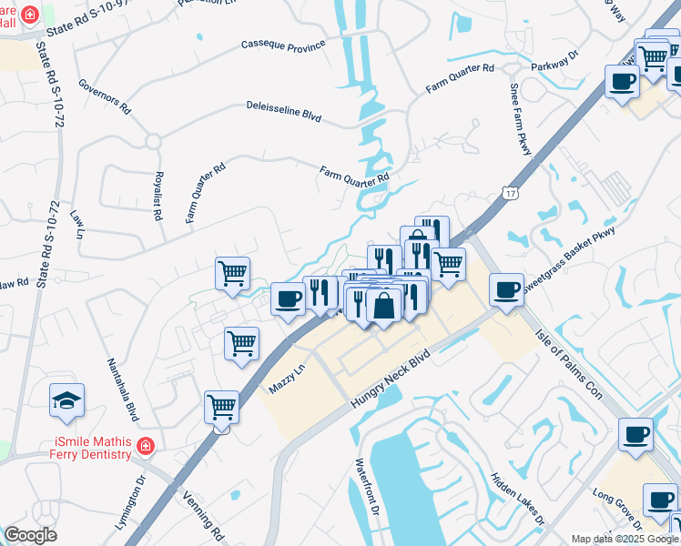 map of restaurants, bars, coffee shops, grocery stores, and more near 1854 Montclair Drive in Mount Pleasant