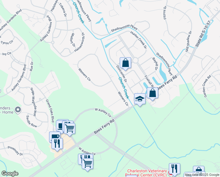 map of restaurants, bars, coffee shops, grocery stores, and more near 2957 Winners Circle in Charleston