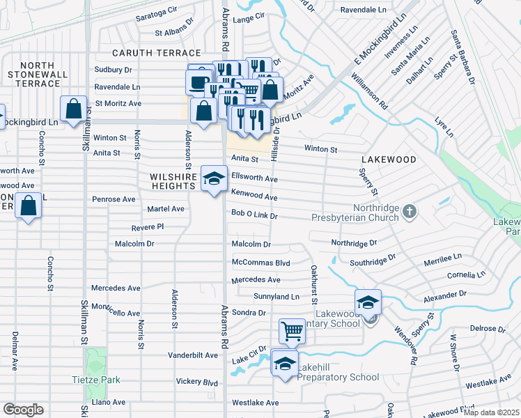 map of restaurants, bars, coffee shops, grocery stores, and more near 6463 Bob O Link Drive in Dallas