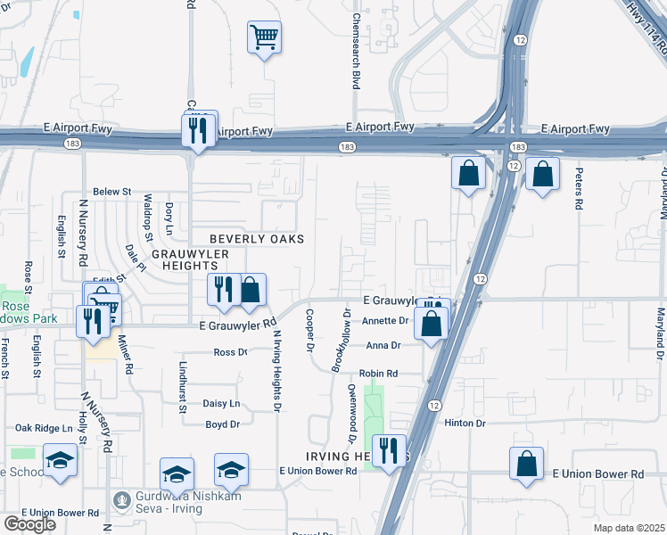map of restaurants, bars, coffee shops, grocery stores, and more near 1704 Cooper Drive in Irving