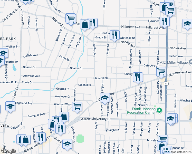 map of restaurants, bars, coffee shops, grocery stores, and more near 1394 Bailey Avenue in Macon