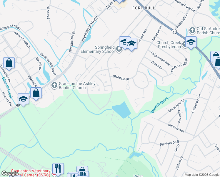 map of restaurants, bars, coffee shops, grocery stores, and more near 1996 Wild Flower Lane in Charleston