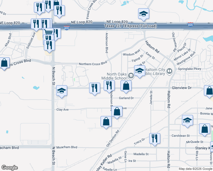 map of restaurants, bars, coffee shops, grocery stores, and more near 4900 Anderson Boulevard in Fort Worth