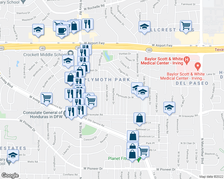 map of restaurants, bars, coffee shops, grocery stores, and more near 1609 Mayflower Drive in Irving