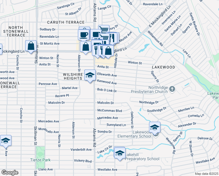 map of restaurants, bars, coffee shops, grocery stores, and more near 6463 Bob O Link Drive in Dallas