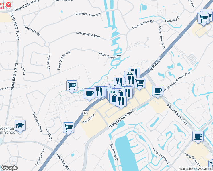 map of restaurants, bars, coffee shops, grocery stores, and more near 1854 Montclair Drive in Mount Pleasant