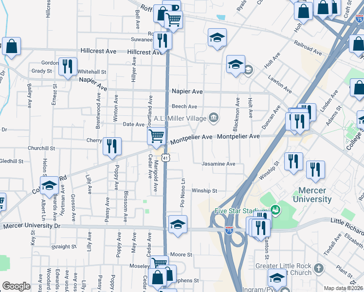 map of restaurants, bars, coffee shops, grocery stores, and more near 2538 Montpelier Avenue in Macon