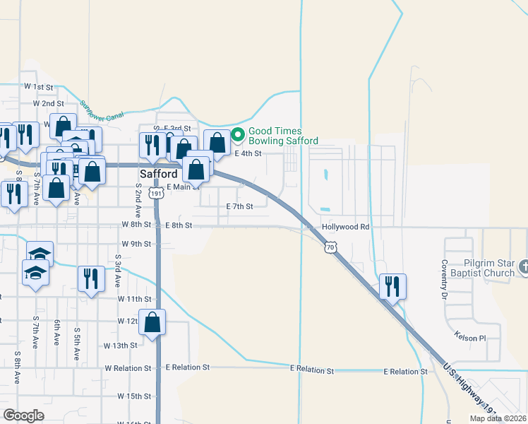 map of restaurants, bars, coffee shops, grocery stores, and more near 419 East 7th Street in Safford