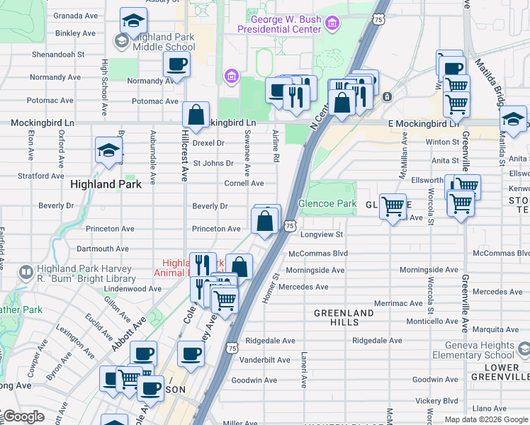 map of restaurants, bars, coffee shops, grocery stores, and more near 3121 Beverly Drive in Dallas