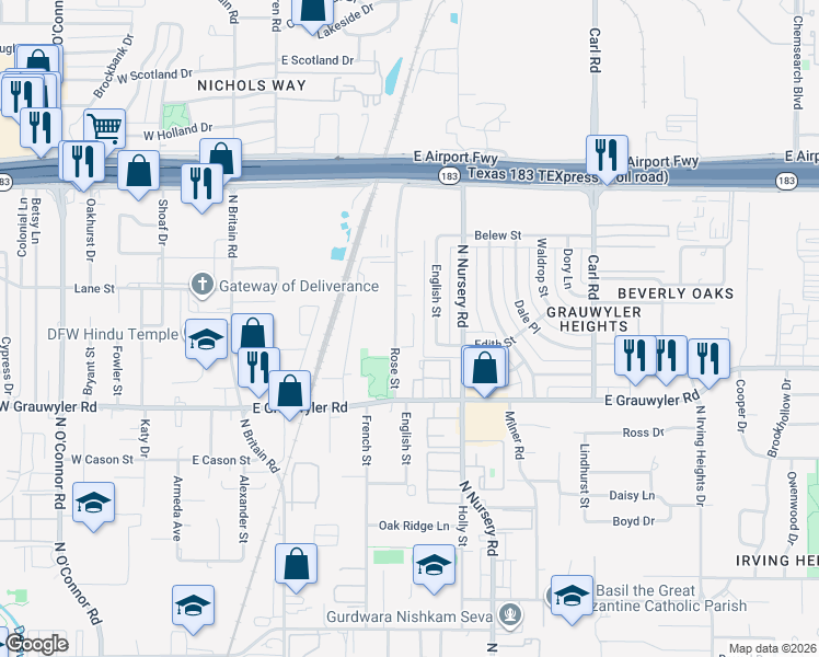 map of restaurants, bars, coffee shops, grocery stores, and more near 1723 Jordan Court in Irving