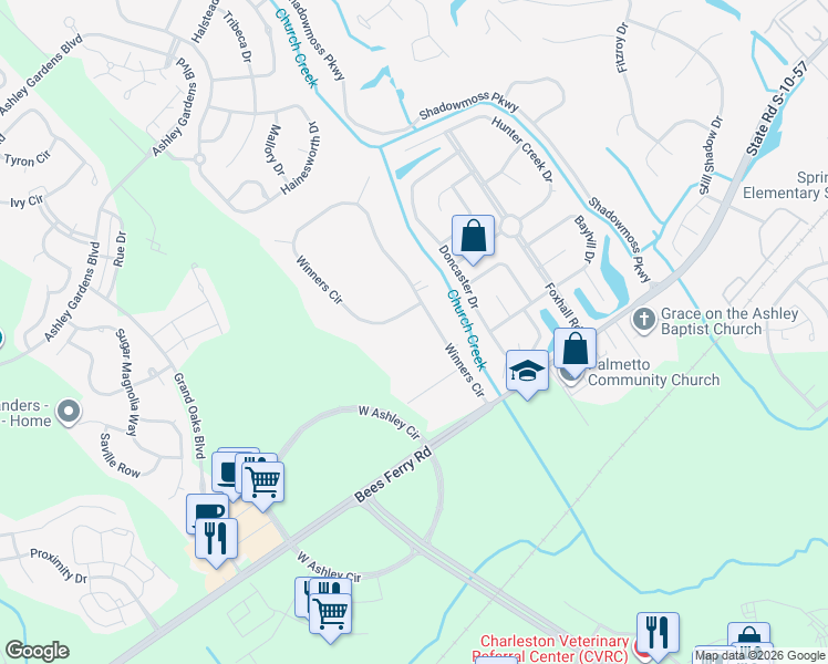 map of restaurants, bars, coffee shops, grocery stores, and more near 2957 Winners Circle in Charleston