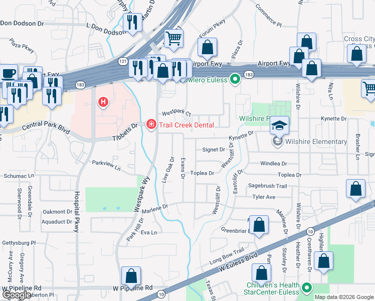 map of restaurants, bars, coffee shops, grocery stores, and more near 407 Evans Drive in Euless