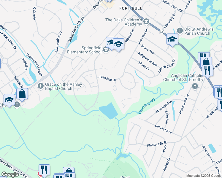 map of restaurants, bars, coffee shops, grocery stores, and more near 2671 Lake Myrtle Drive in Charleston