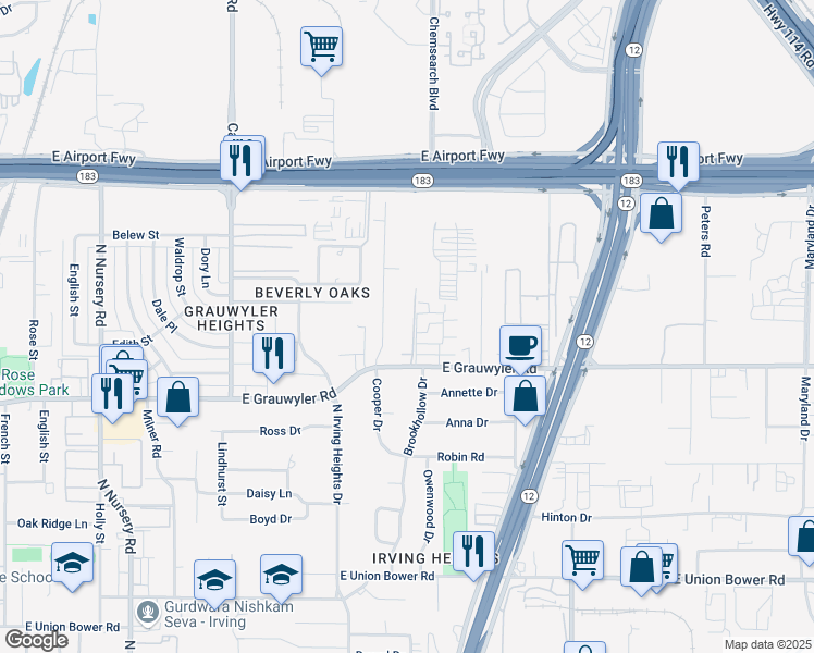 map of restaurants, bars, coffee shops, grocery stores, and more near 1704 Cooper Drive in Irving