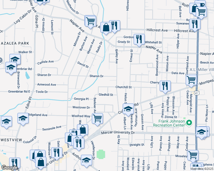 map of restaurants, bars, coffee shops, grocery stores, and more near 3057 Churchill Street in Macon