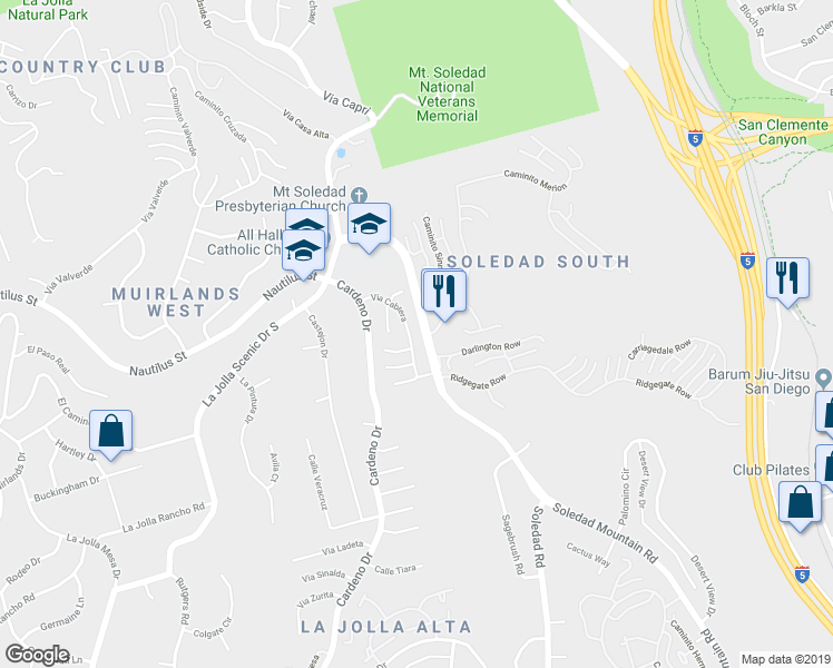 map of restaurants, bars, coffee shops, grocery stores, and more near 6349 Via Cabrera in San Diego