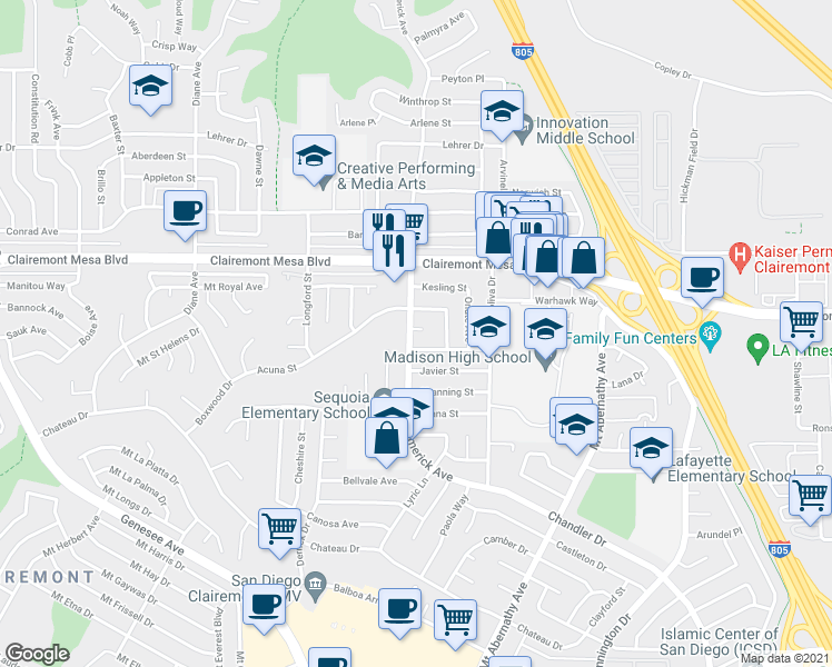 map of restaurants, bars, coffee shops, grocery stores, and more near 5201 Tara Place in San Diego