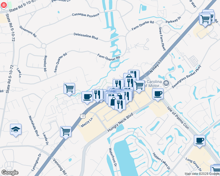 map of restaurants, bars, coffee shops, grocery stores, and more near 1853 Montclair Drive in Mount Pleasant
