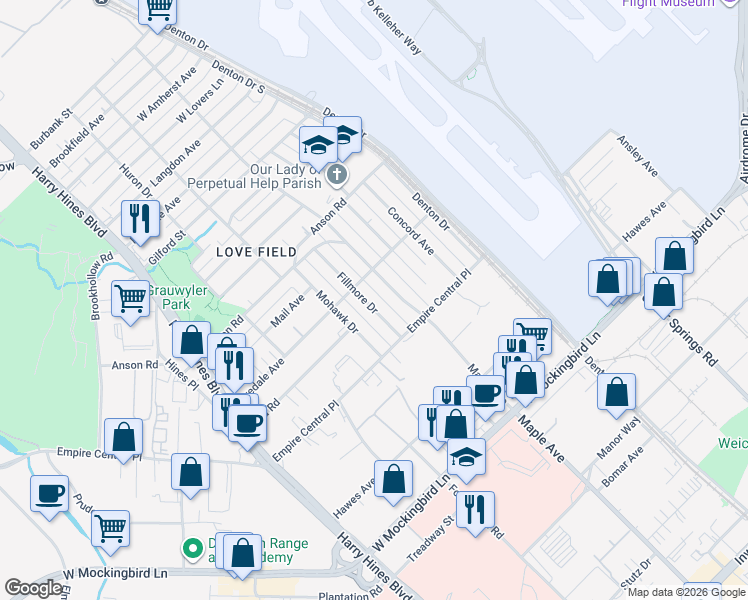 map of restaurants, bars, coffee shops, grocery stores, and more near 7202 Fillmore Drive in Dallas