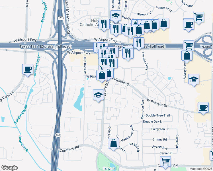 map of restaurants, bars, coffee shops, grocery stores, and more near 1816 Esters Road in Irving