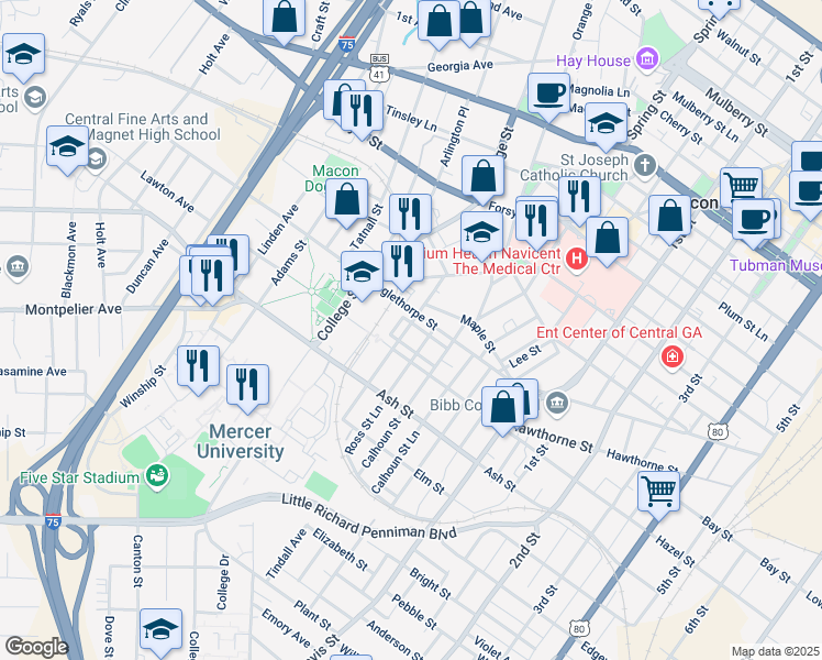 map of restaurants, bars, coffee shops, grocery stores, and more near 1154 Ross Street in Macon