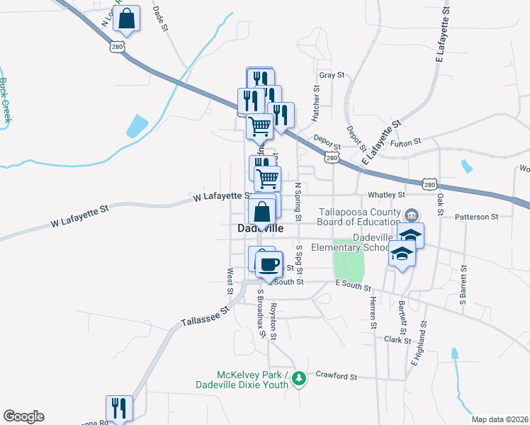 map of restaurants, bars, coffee shops, grocery stores, and more near 242 North Broadnax Street in Dadeville