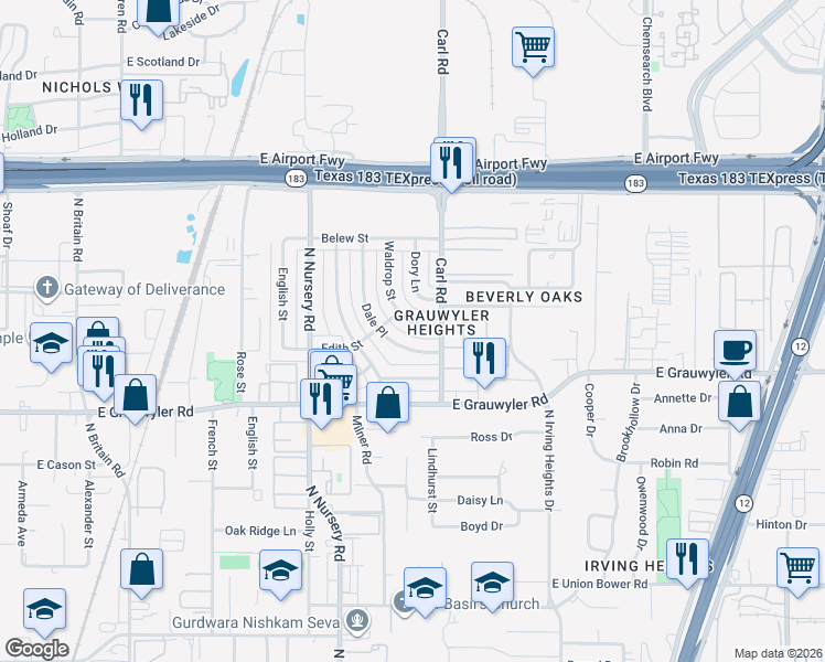 map of restaurants, bars, coffee shops, grocery stores, and more near 1719 Waldrop Street in Irving