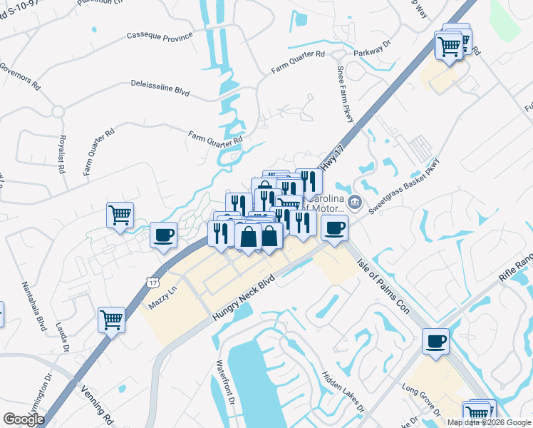 map of restaurants, bars, coffee shops, grocery stores, and more near 1901 North Highway 17 in Mount Pleasant